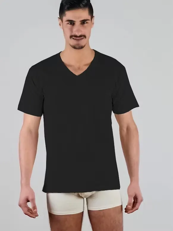 Albero Bio-Baumwoll T-Shirt V-Neck schwarz -L
